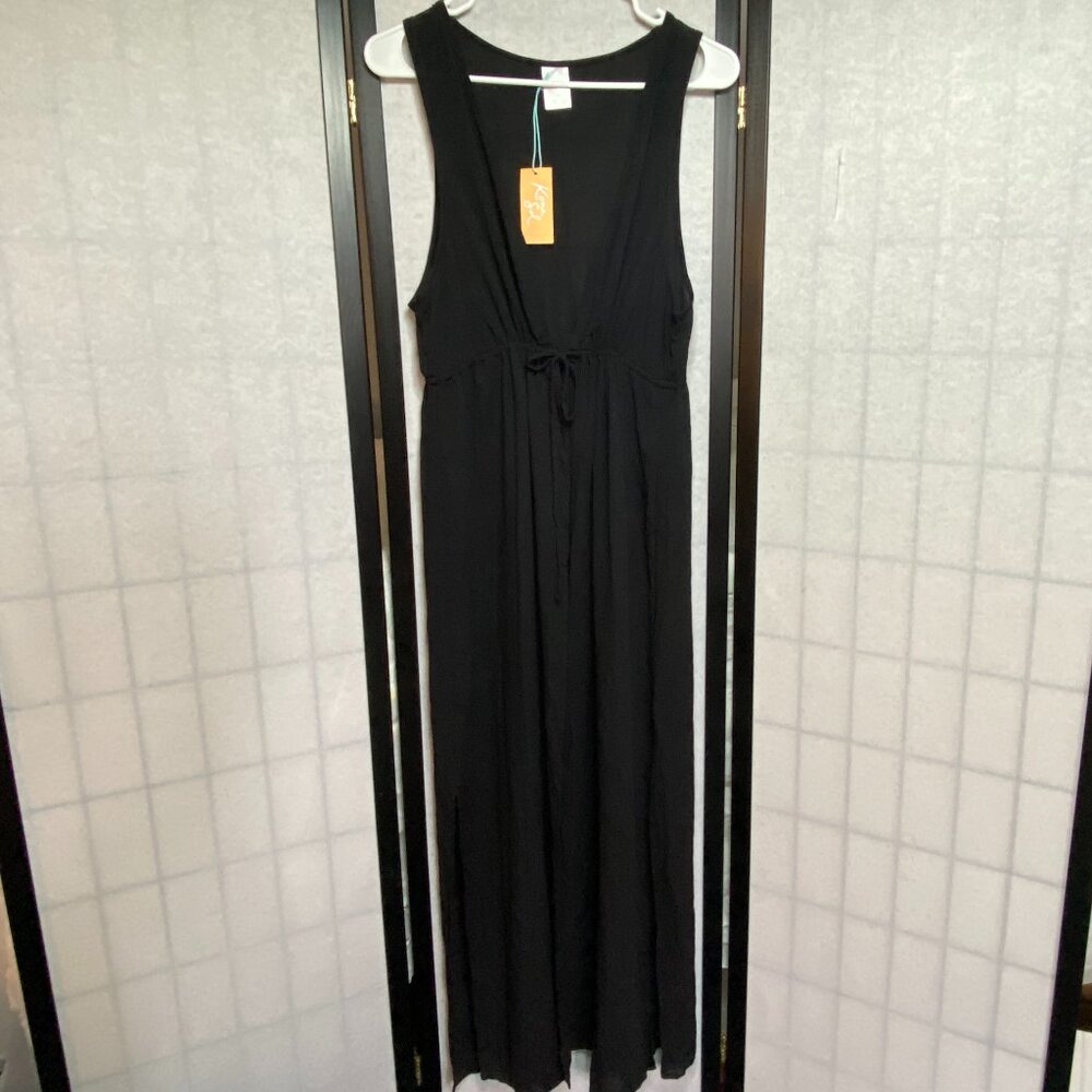 Kona Sol Gauze Sleeveless Maxi Open Tie Front Swim Cover Up Duster Black NWT
